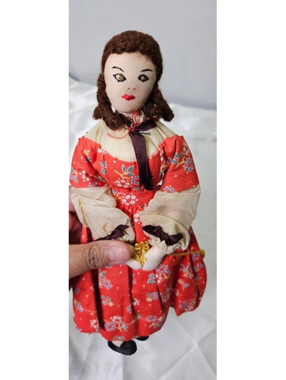 Vintage Handmade Primitive Rag Doll in Red Folk Art Floral Prairie Dress